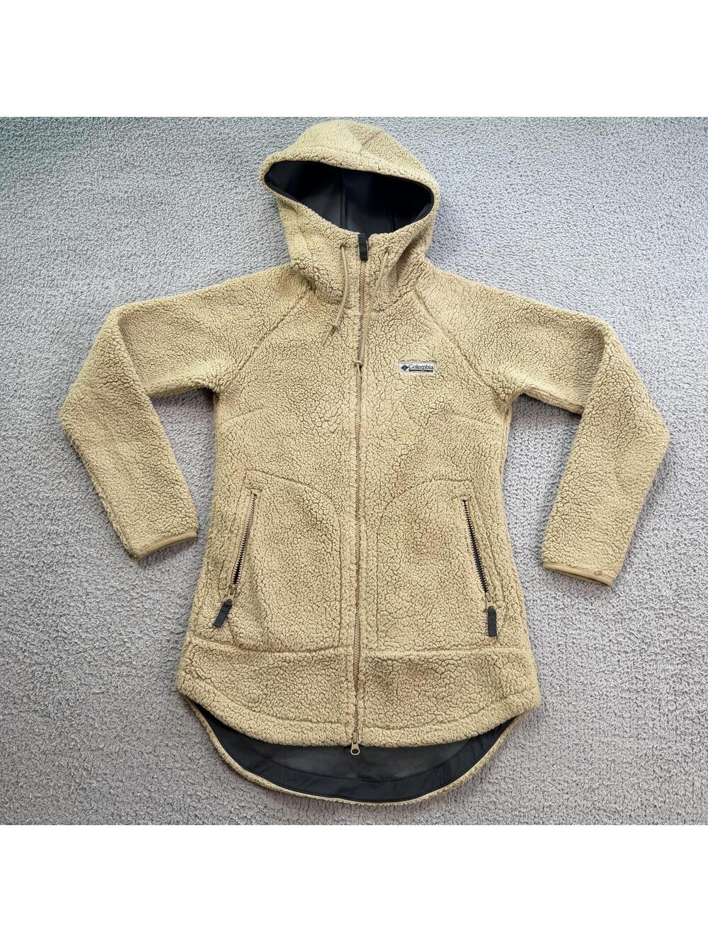 Columbia Sherpa Fleece Hooded Longline Jacket Tan‎ Teddy Full Zip Womens XS